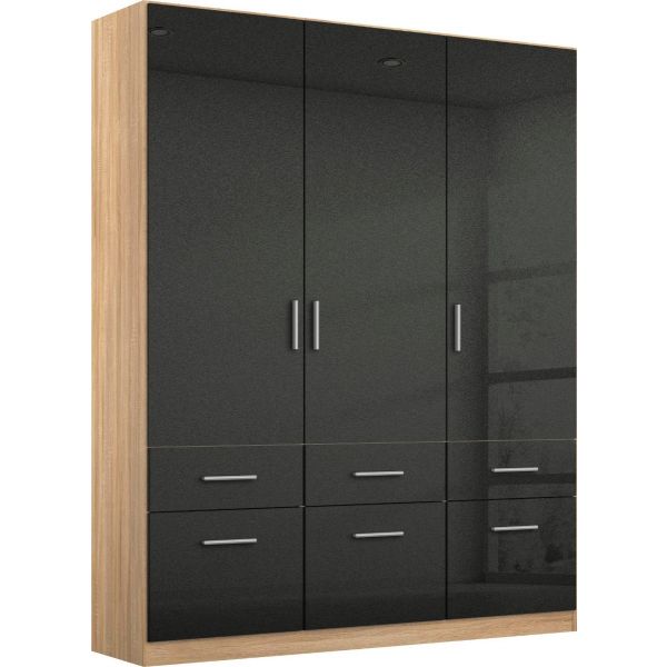 Rauch Celle 3 Door 6 Drawer Hinged Door Combi WardrobeRauch Celle 3 Door High Gloss effect grey combi wardrobe 136cm hinged door wardrobe1.36m Hinged door combi wardrobeOak and high gloss black wardrobe