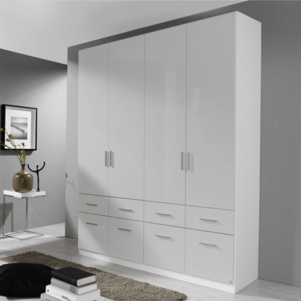 Rauch Celle High Gloss Silk Grey Hinged Door Combi Wardrobe with Bottom Drawers4 door 8 drawers Rauch celle wardrobe1.81M 4 Door wardrobe