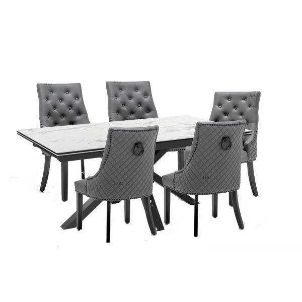 Phoenix White Ceramic Dining Table Elizabeth PU Leather Ring Knockerback Dining Chairs