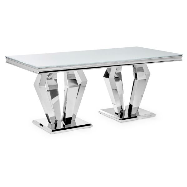 Sorrento 1.8m Polished Steel & White Glass Top Dining TableArturo Dining Table White Glass Modern Dining Table